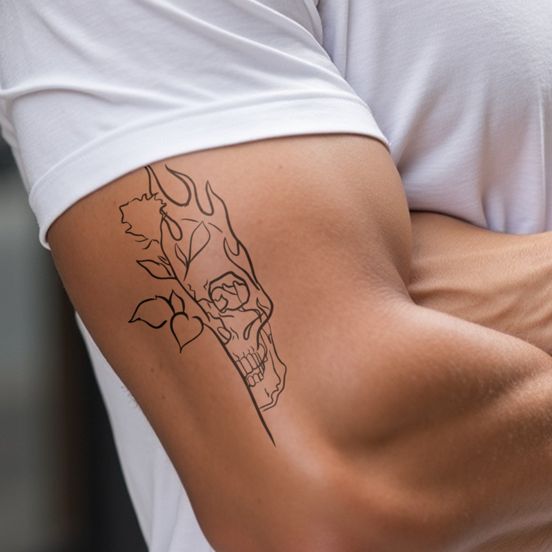 Vlammen doodskop met roos